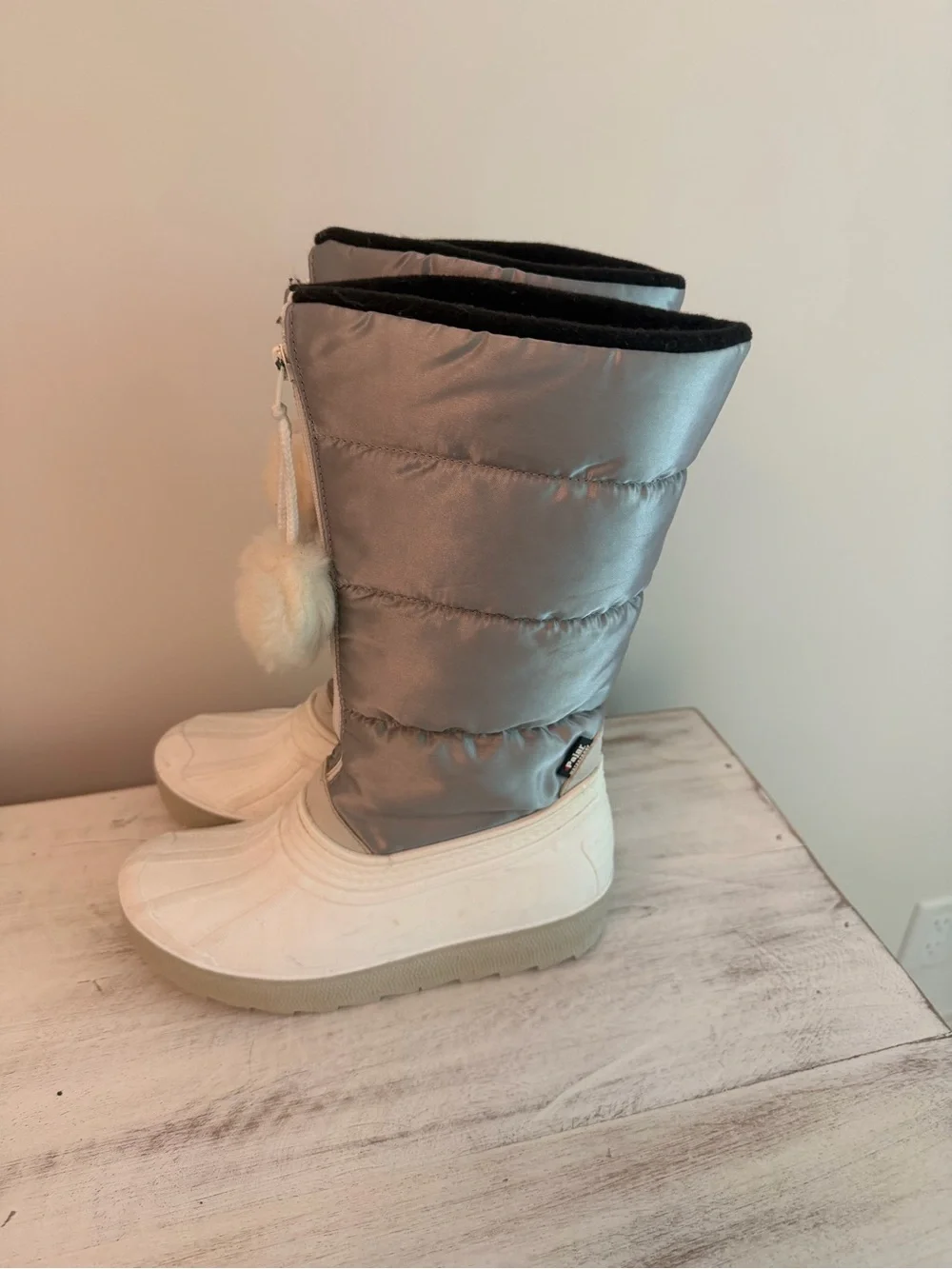 Pajar Kids Silver and White Pom-Pom Winter Boots